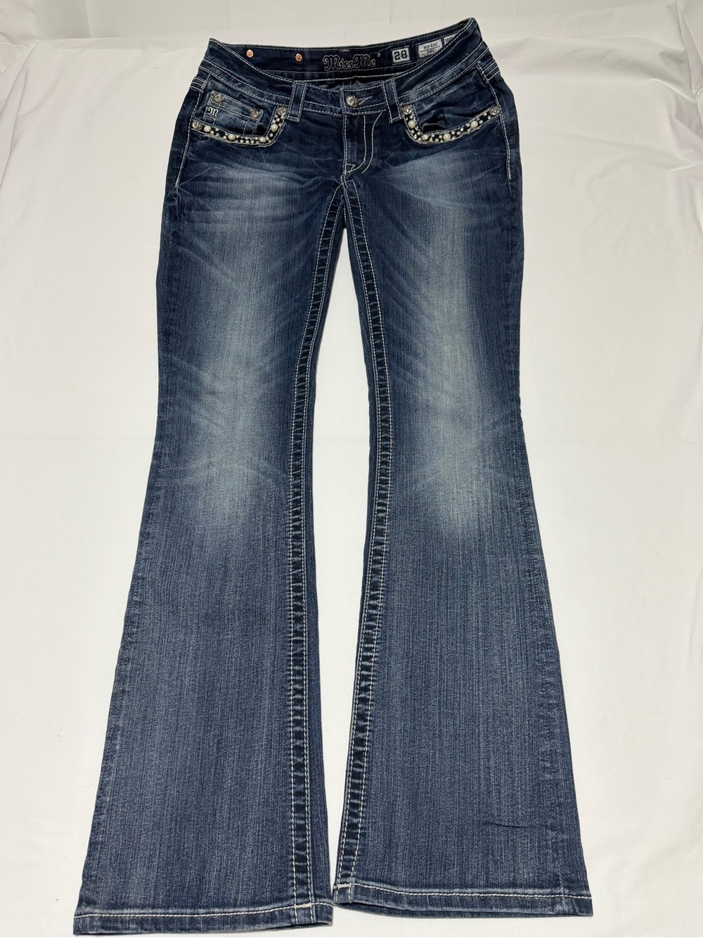 Miss Me Woman's 28 Blue Washed Flared Jeans Rhinestone Pearl Studded Pockets